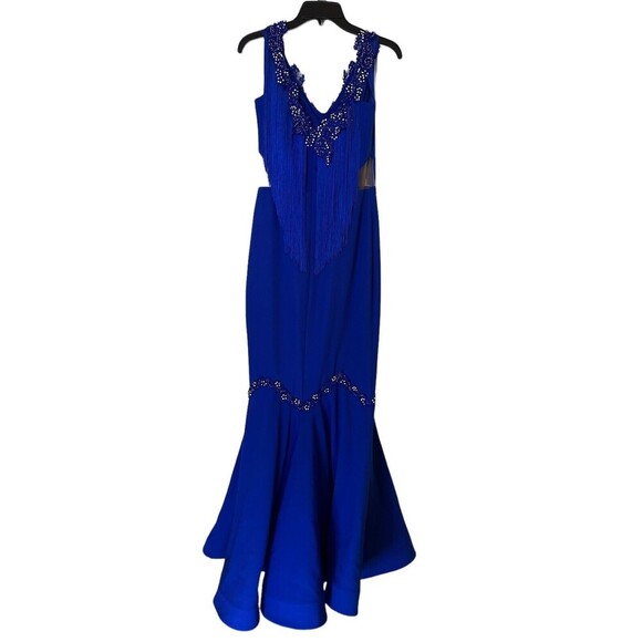 Odrella Royal Blue Event Gown Tassel  Mesh Cut out Beaded Design Size 6 - Picture 3 of 16